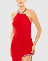 Red Rhinestone Accented Halter Gown